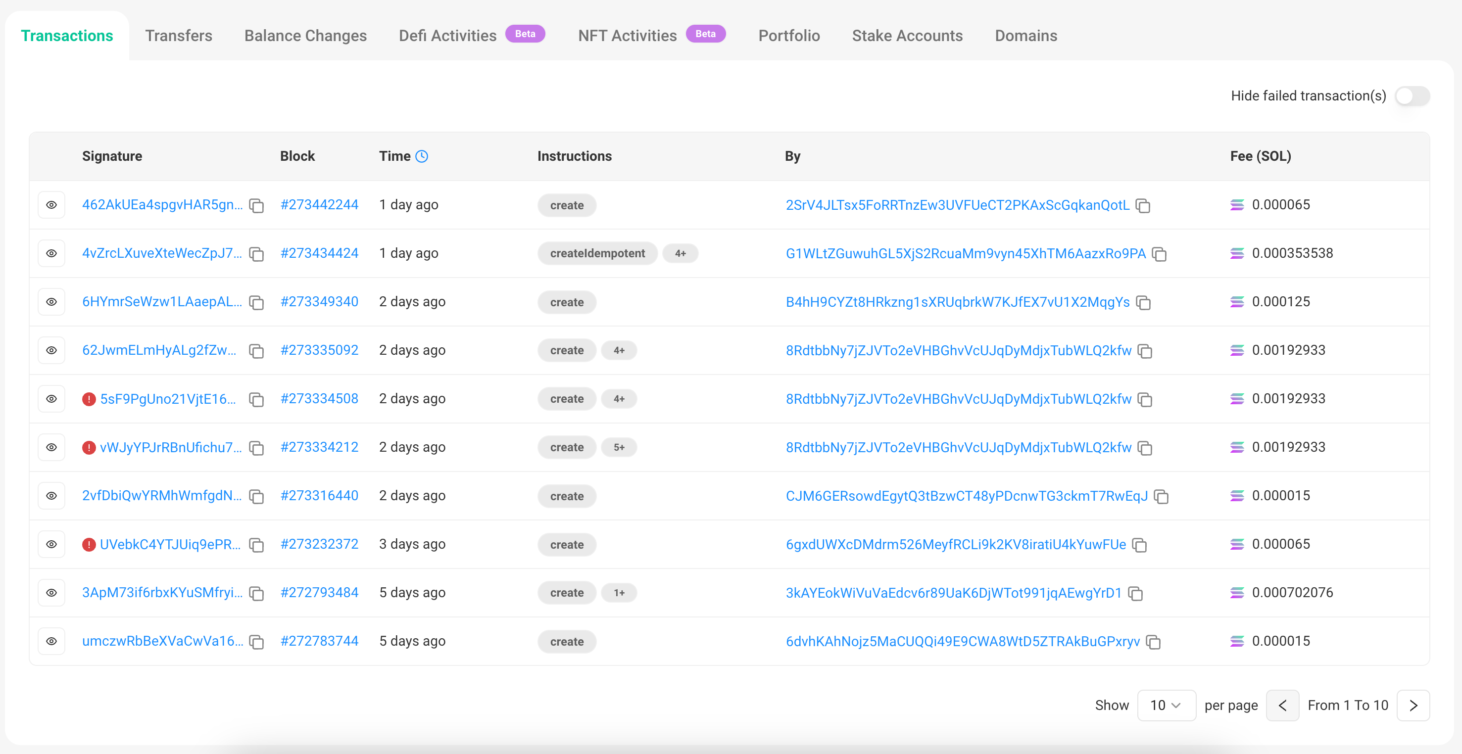 A screenshot of a wallet's transactions.