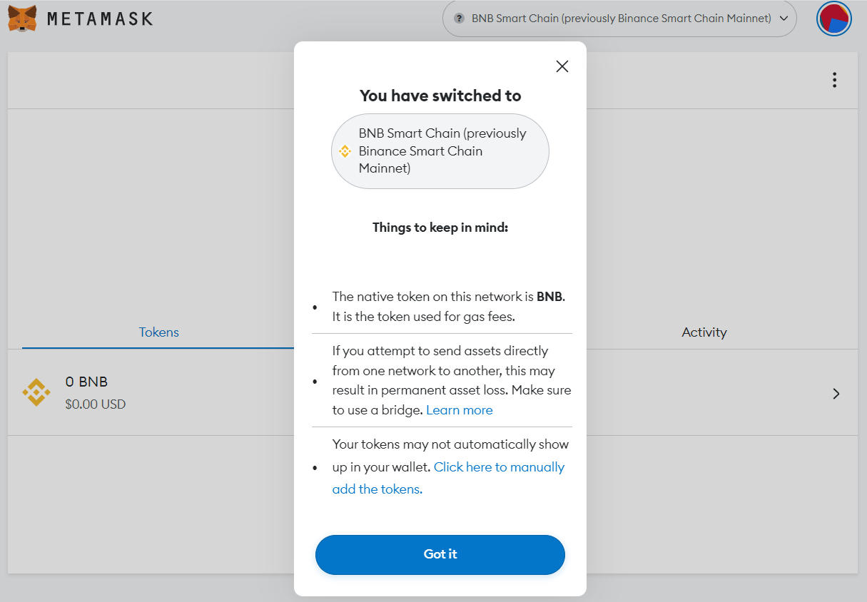 A MetaMask pop-up screen confirming the connection to the Binance Smart Chain network and displaying important things to keep in mind.