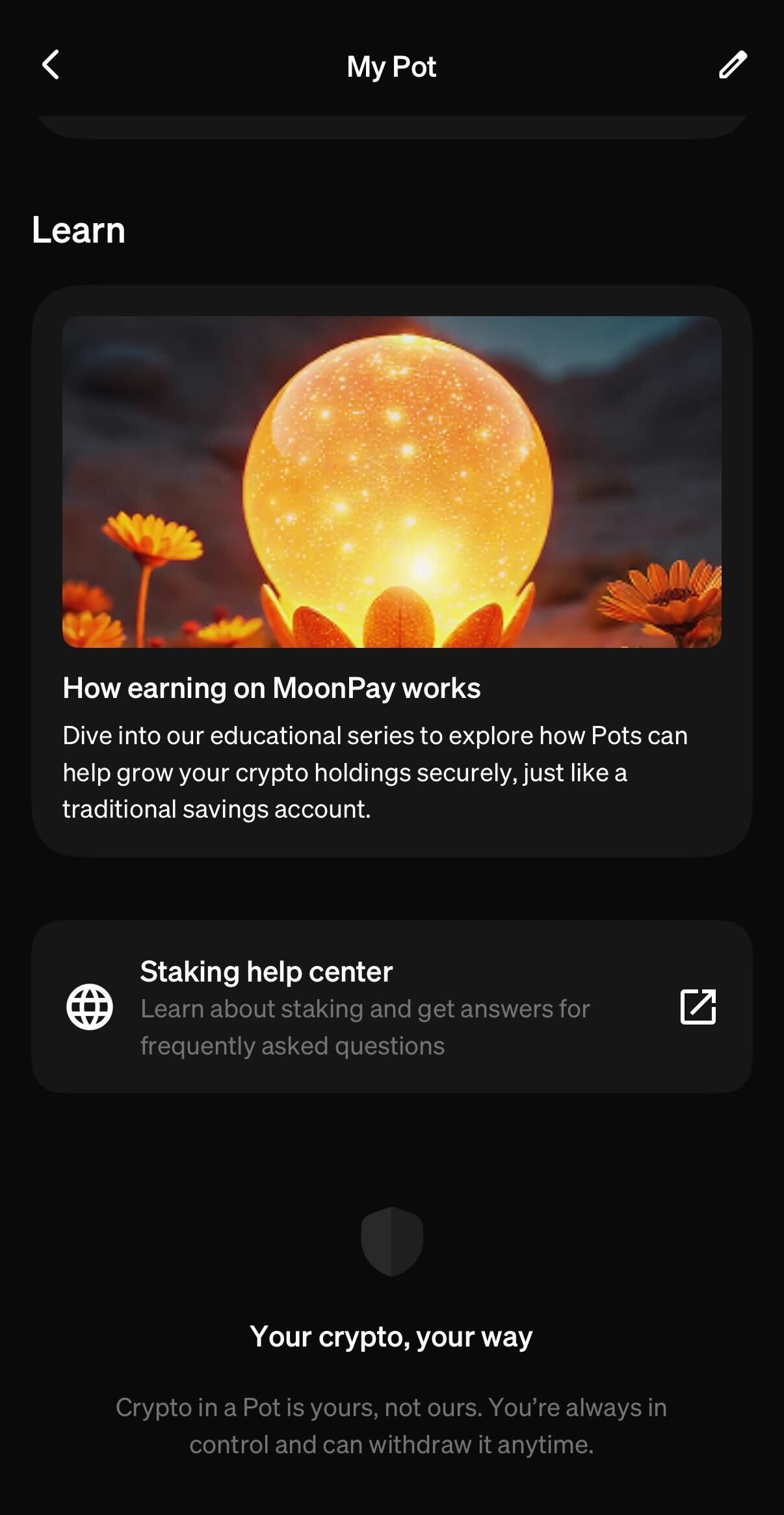 A screenshot of staking help in the MoonPay app