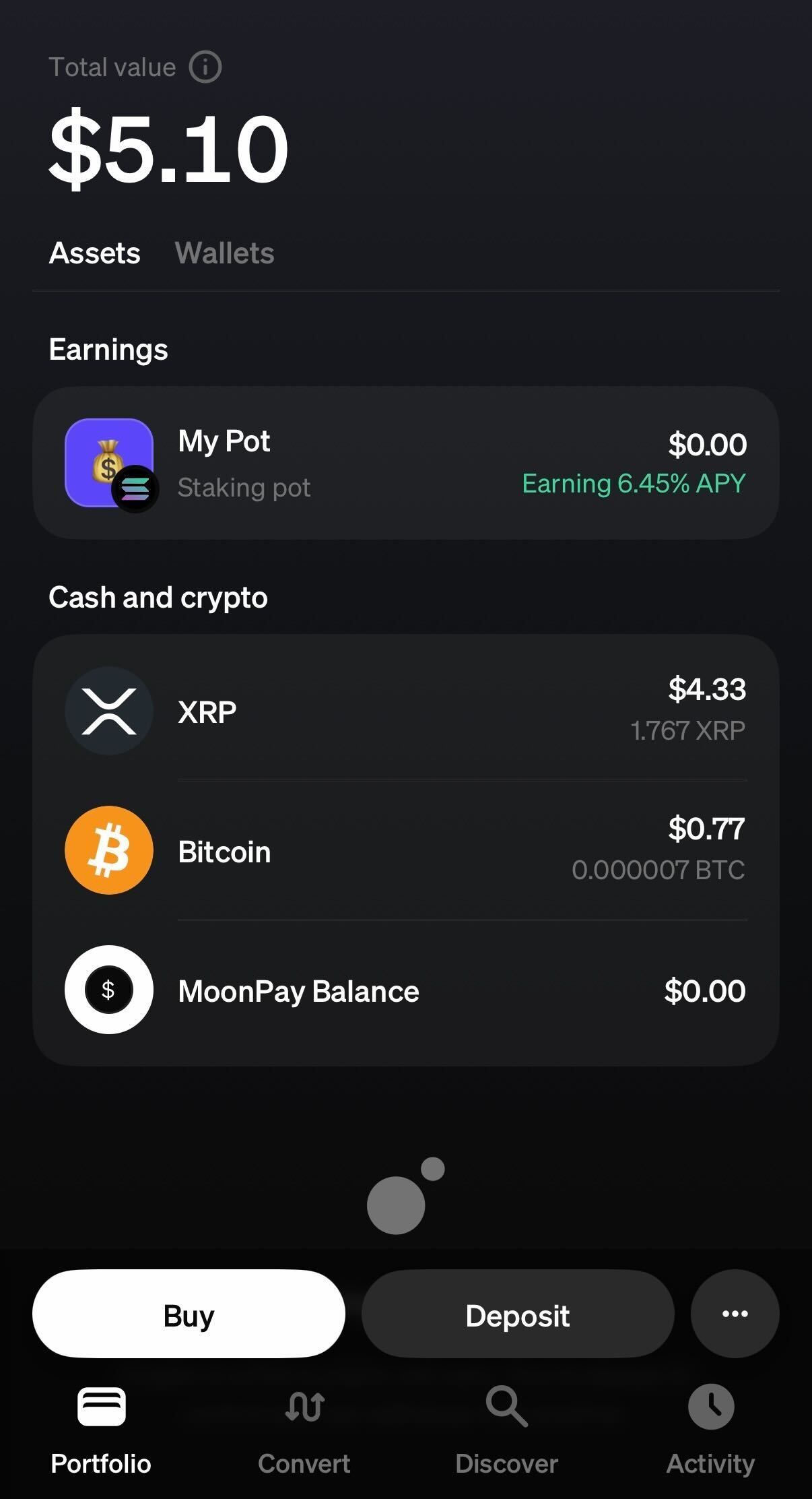 A screenshot showing all crypto assets MoonPay app