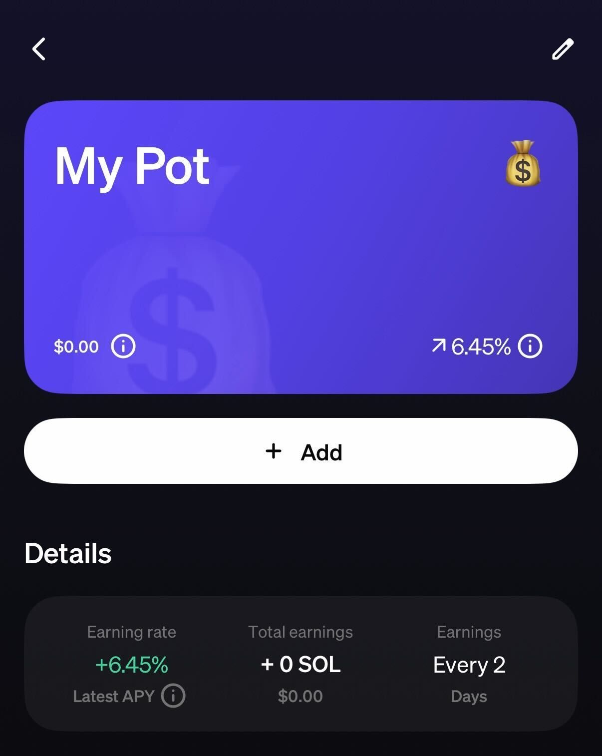 A screenshot showing the default staking pot in the MoonPay app