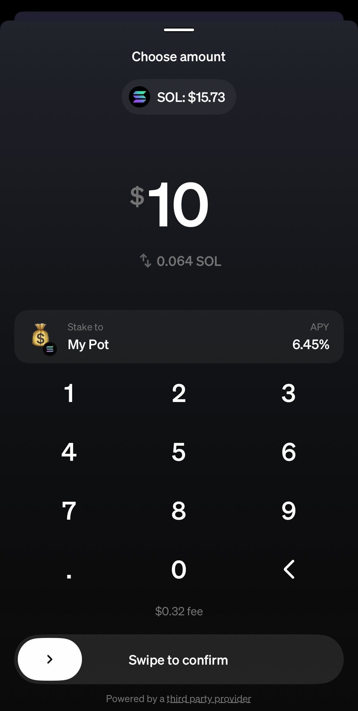 A screenshot of the staking confirmation screen in the MoonPay app