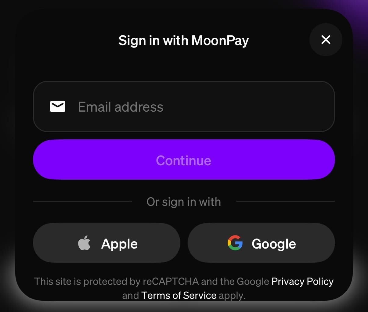 A screenshot showing the sign in options in the MoonPay app