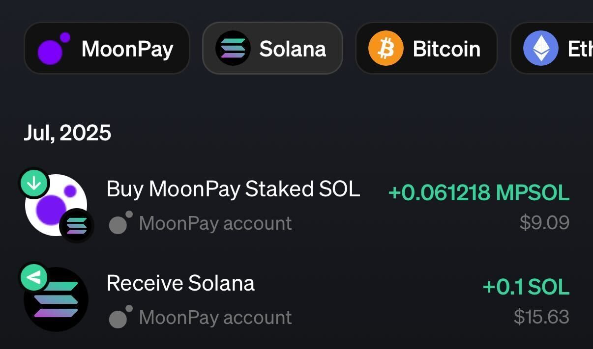 A screenshot of user Solana activity the MoonPay app