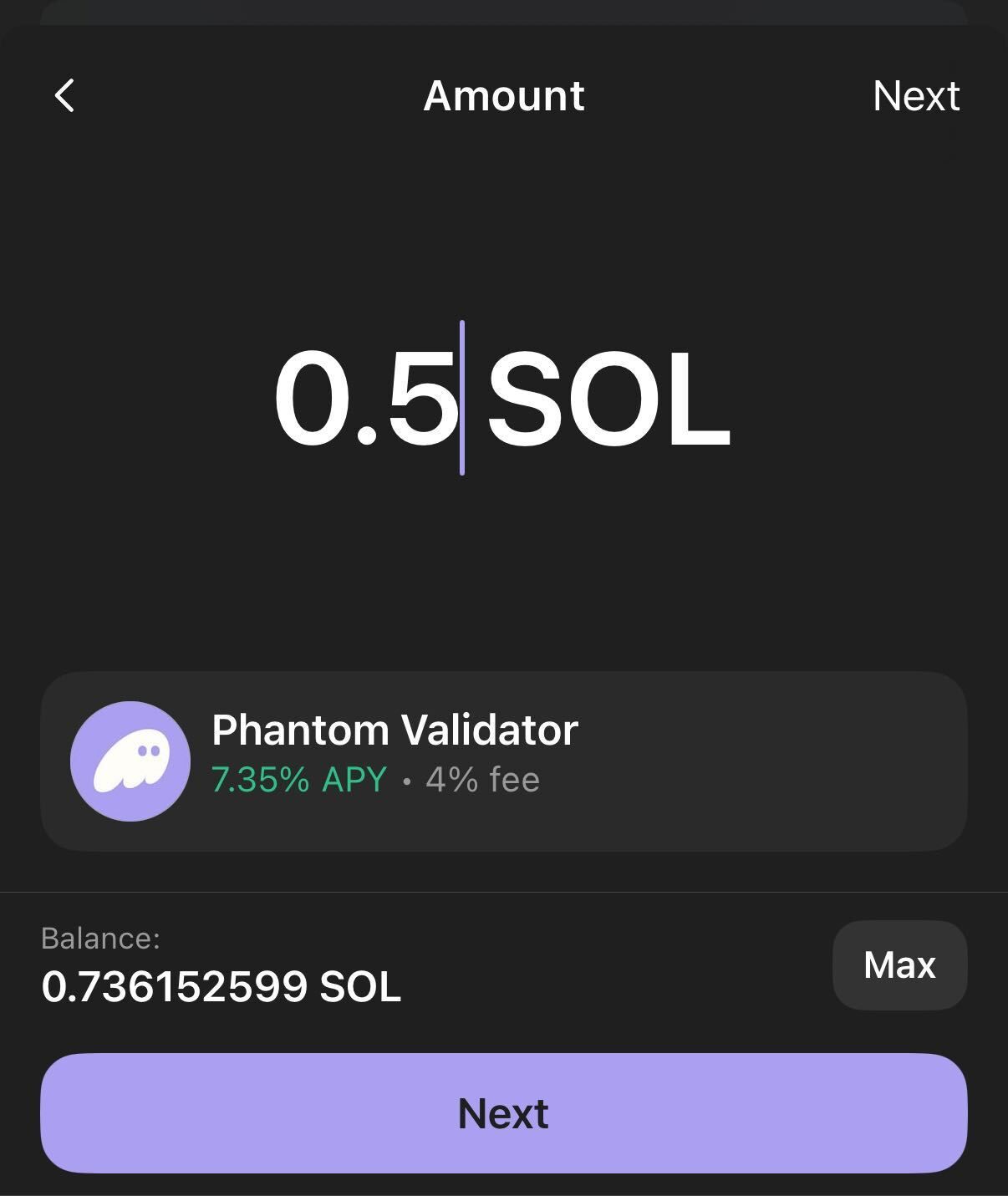 A screenshot to stake Solana natively on Phantom