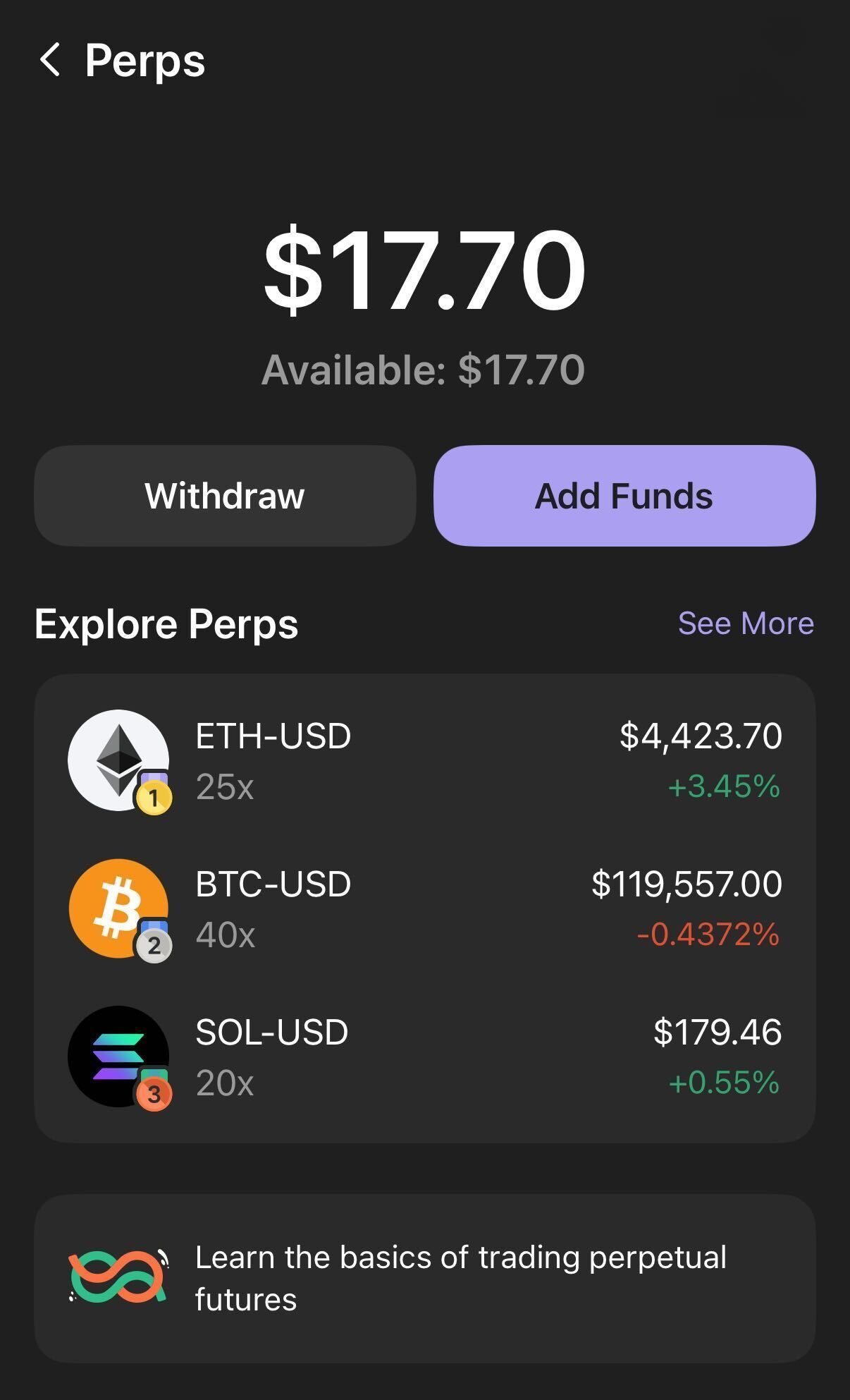 A screenshot of the perpetual futures contracts options in Phantom Wallet