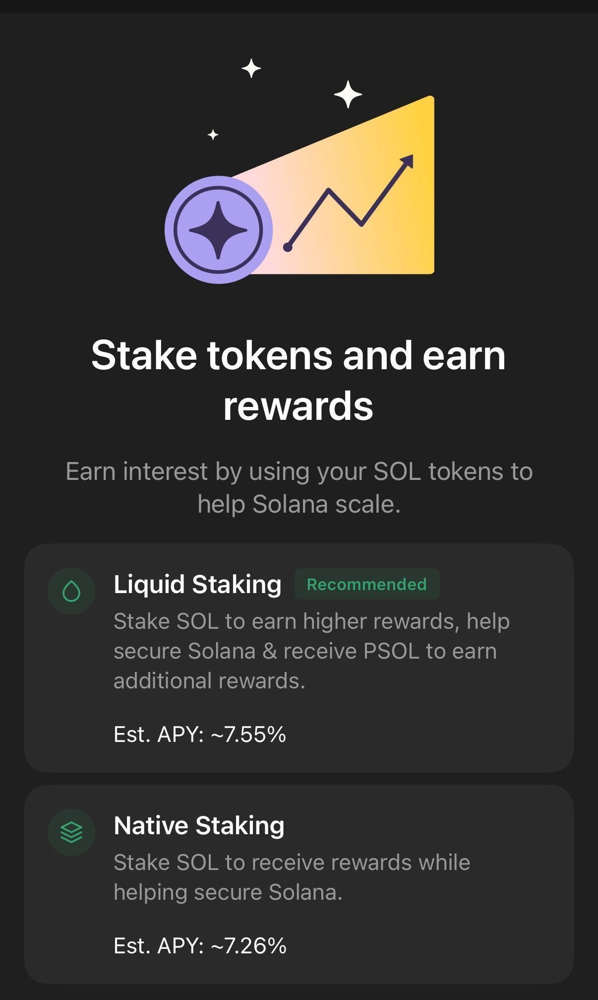 A screenshot of the options to stake SOL natively or through liquid staking on Phantom