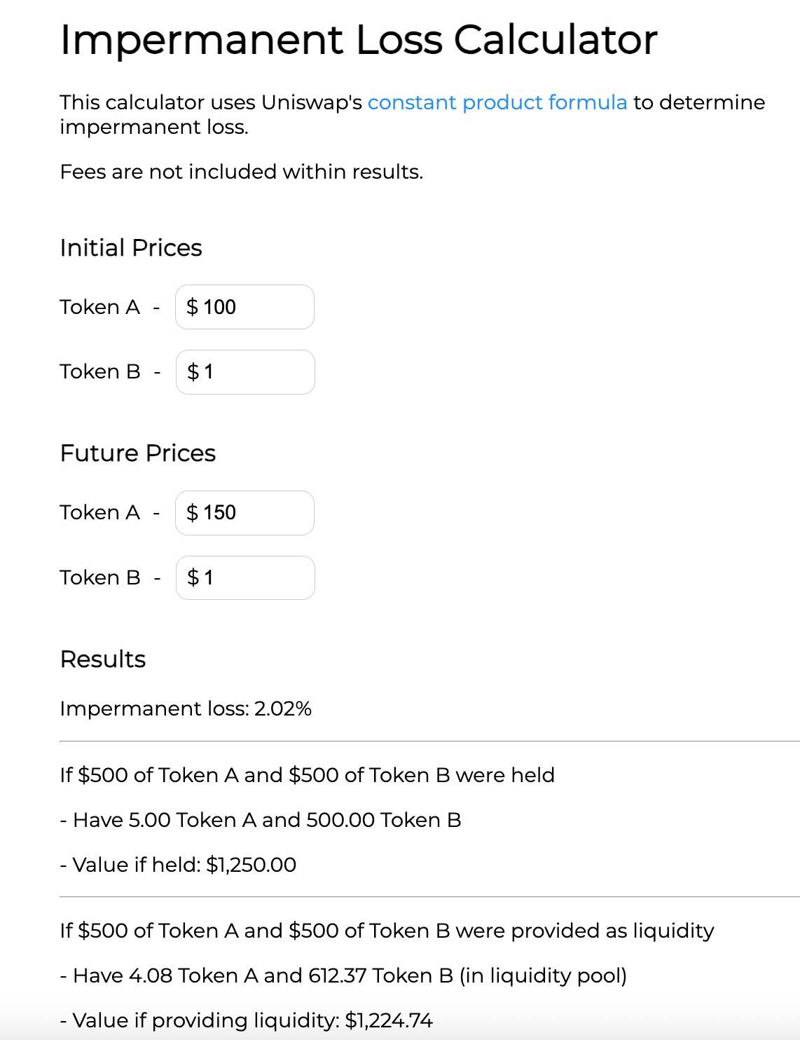 An example of impermanent loss from DeFi trading