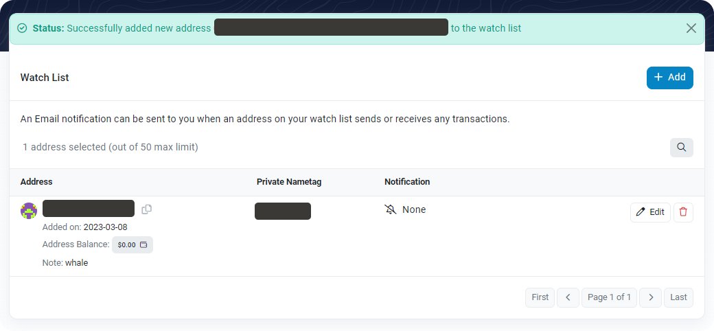 A screenshot of an Etherscan address watch list