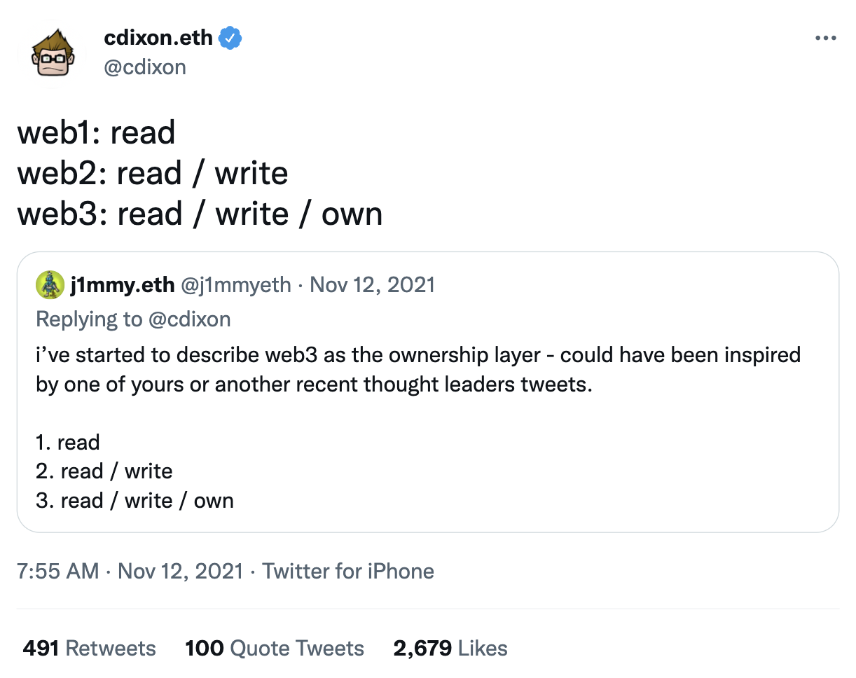 A screenshot of a Chris Dixon tweet comparing web1, web2, and web3.