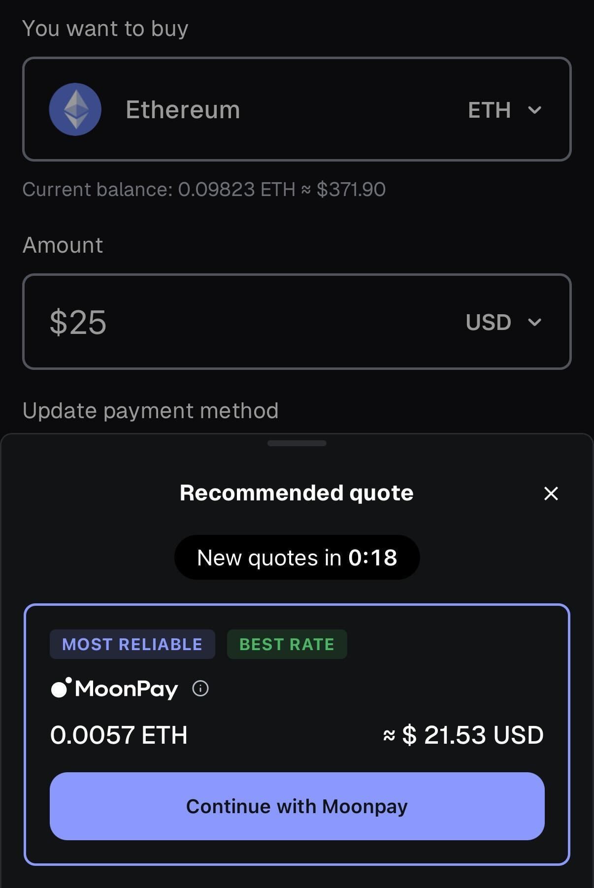 A screenshot to buy ETH in MetaMask via MoonPay