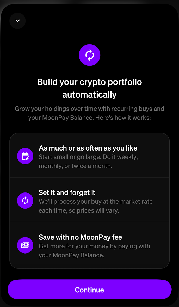 A screenshot of the MoonPay app showing the perks of auto-investing.