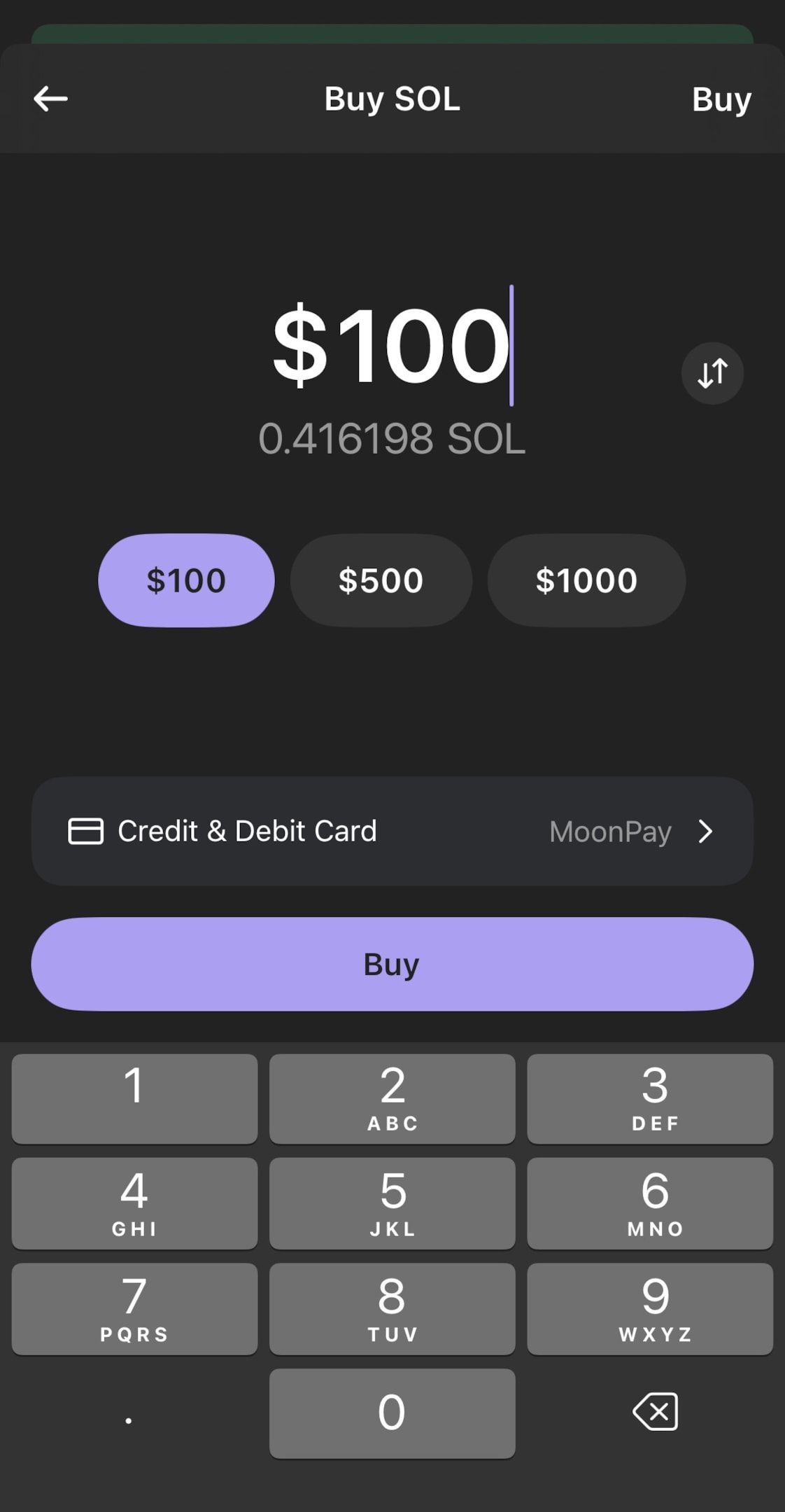 A screenshot to buy Solana in Phantom via MoonPay