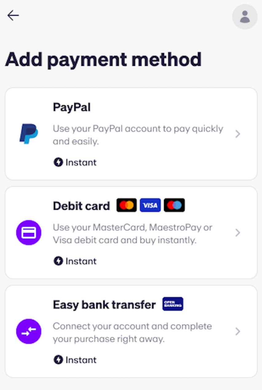 A screenshot of the MoonPay app, showing users how to buy crypto using PayPal accounts