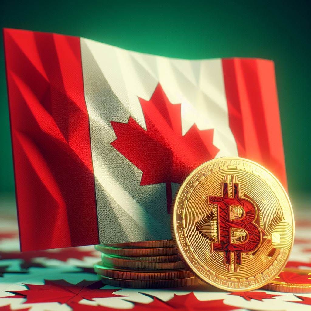 A Canadian flag with next to a Bitcoin (BTC) token