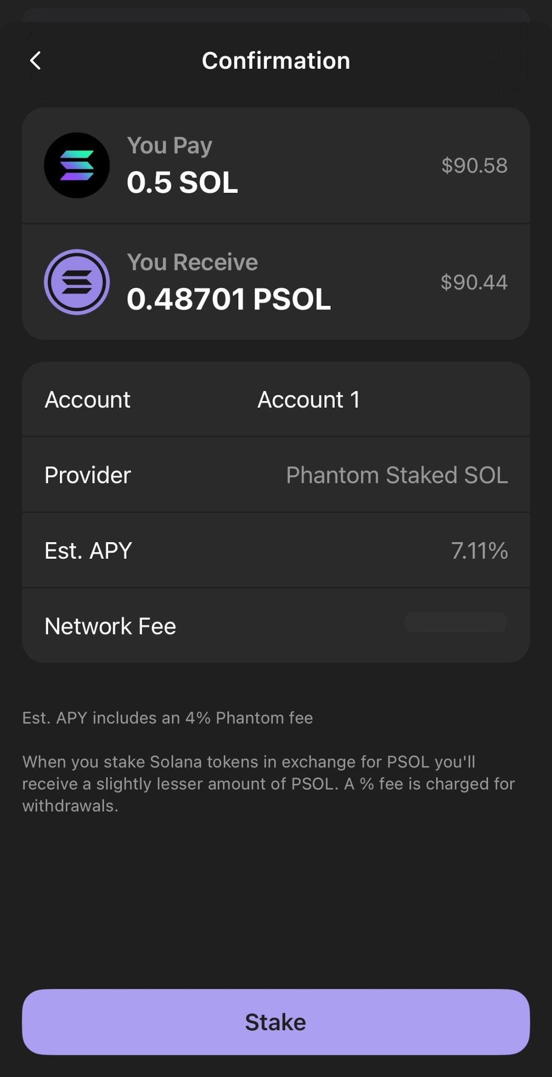 A screenshot of Phantom staking confirmation screen