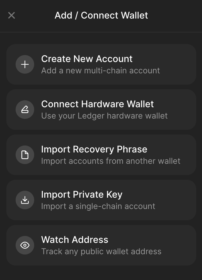 Screenshot of wallet creation options