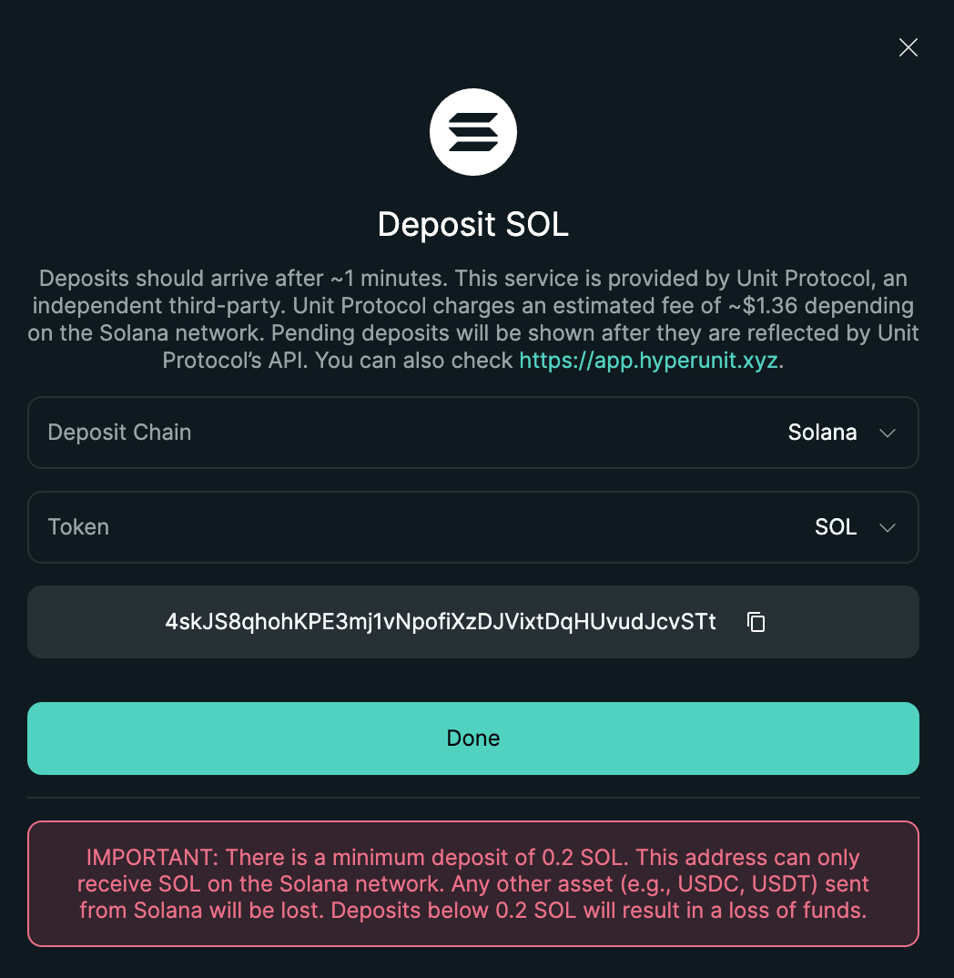 A warning screen on Hyperliquid when depositing non-USDC assets like Solana