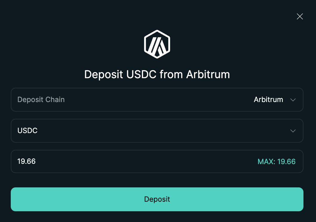 The screen to deposit USDC (Arbitrum) on Hyperliquid