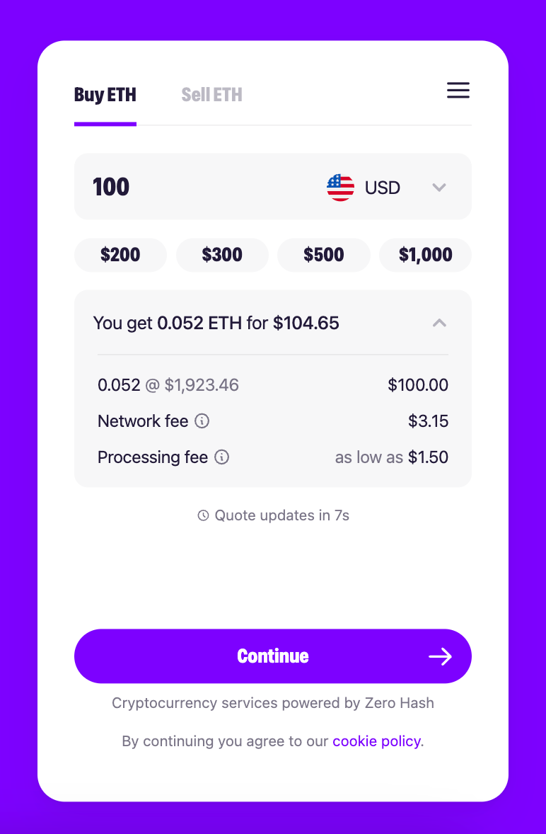 A screenshot of MoonPay's widget to buy Ethereum (ETH)