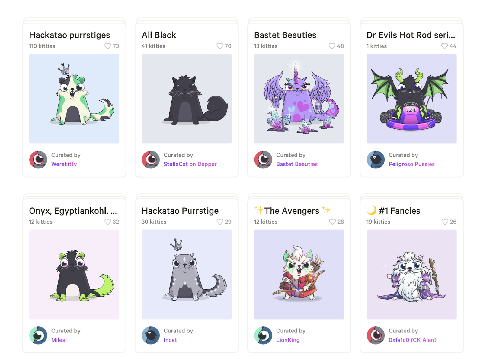 A screenshot of CryptoKitties digital collectible NFTs on OpenSea.