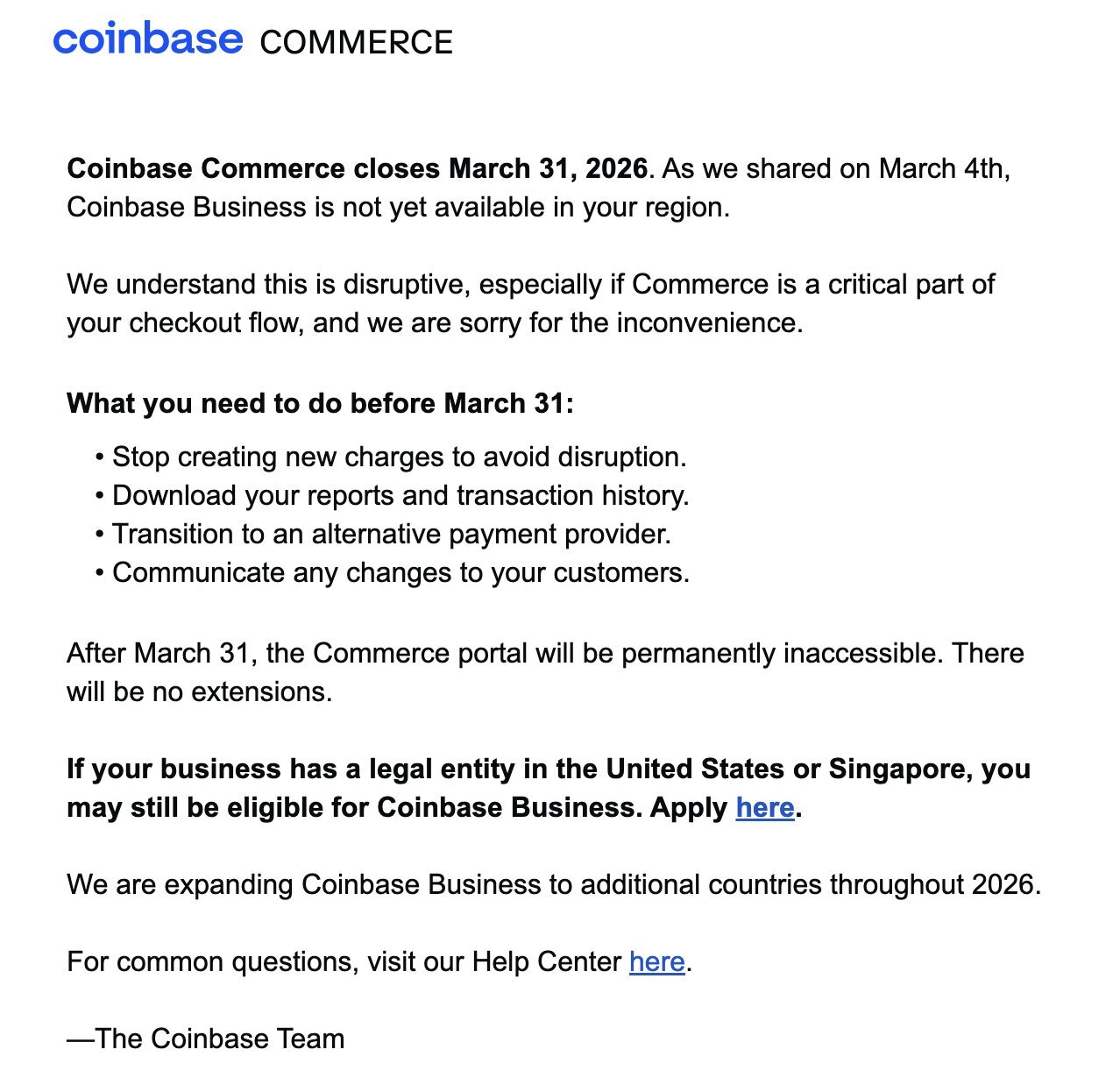 Coinbase Commerce closing