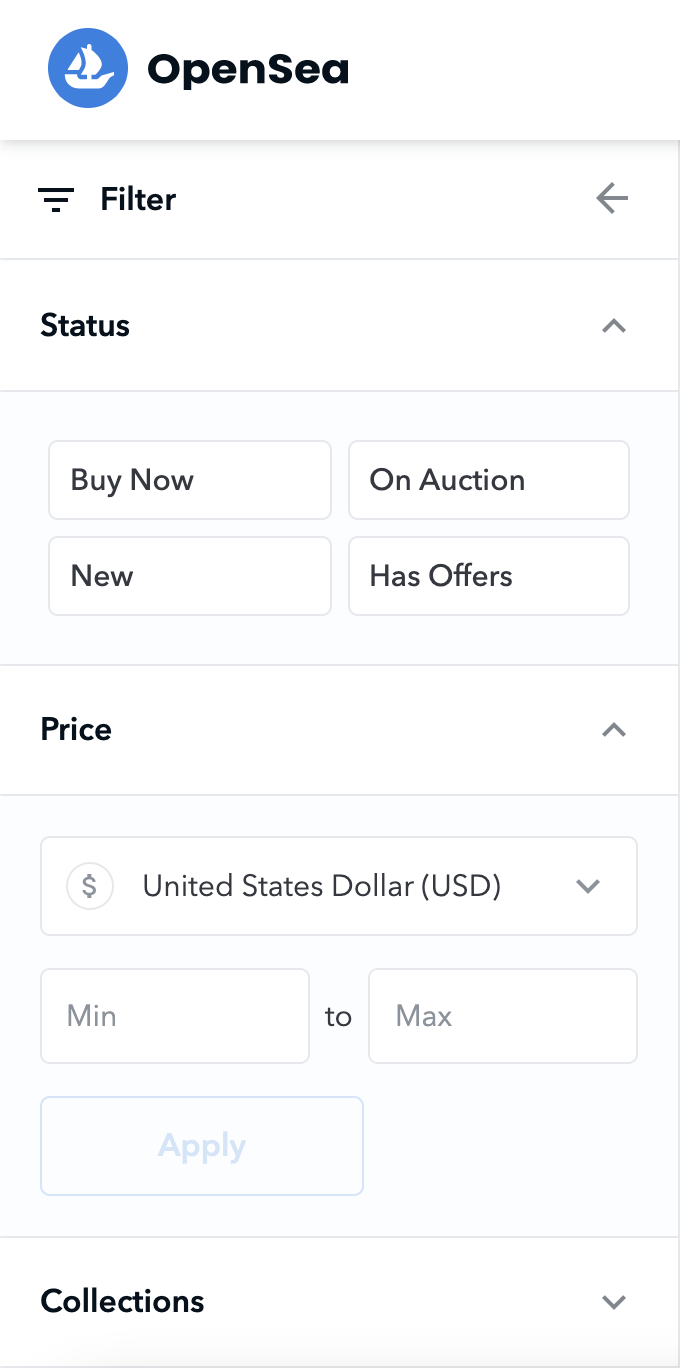 Menu options on OpenSea to filter items