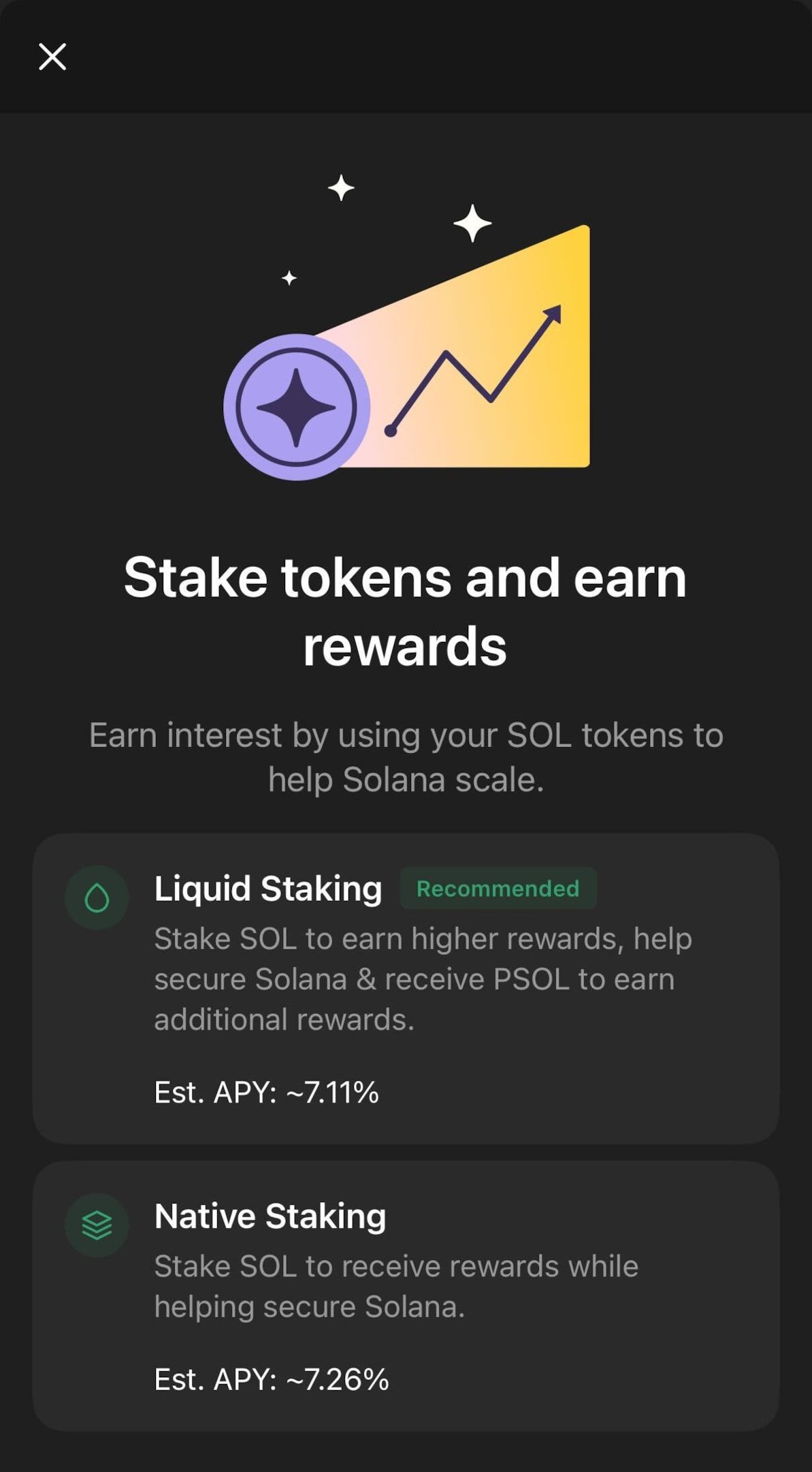 A screenshot of Phantom staking options