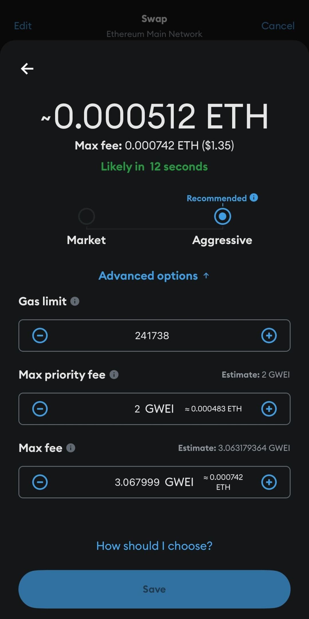 A screenshot of a MetaMask wallet showing gas fee settings when sending Ether (ETH)