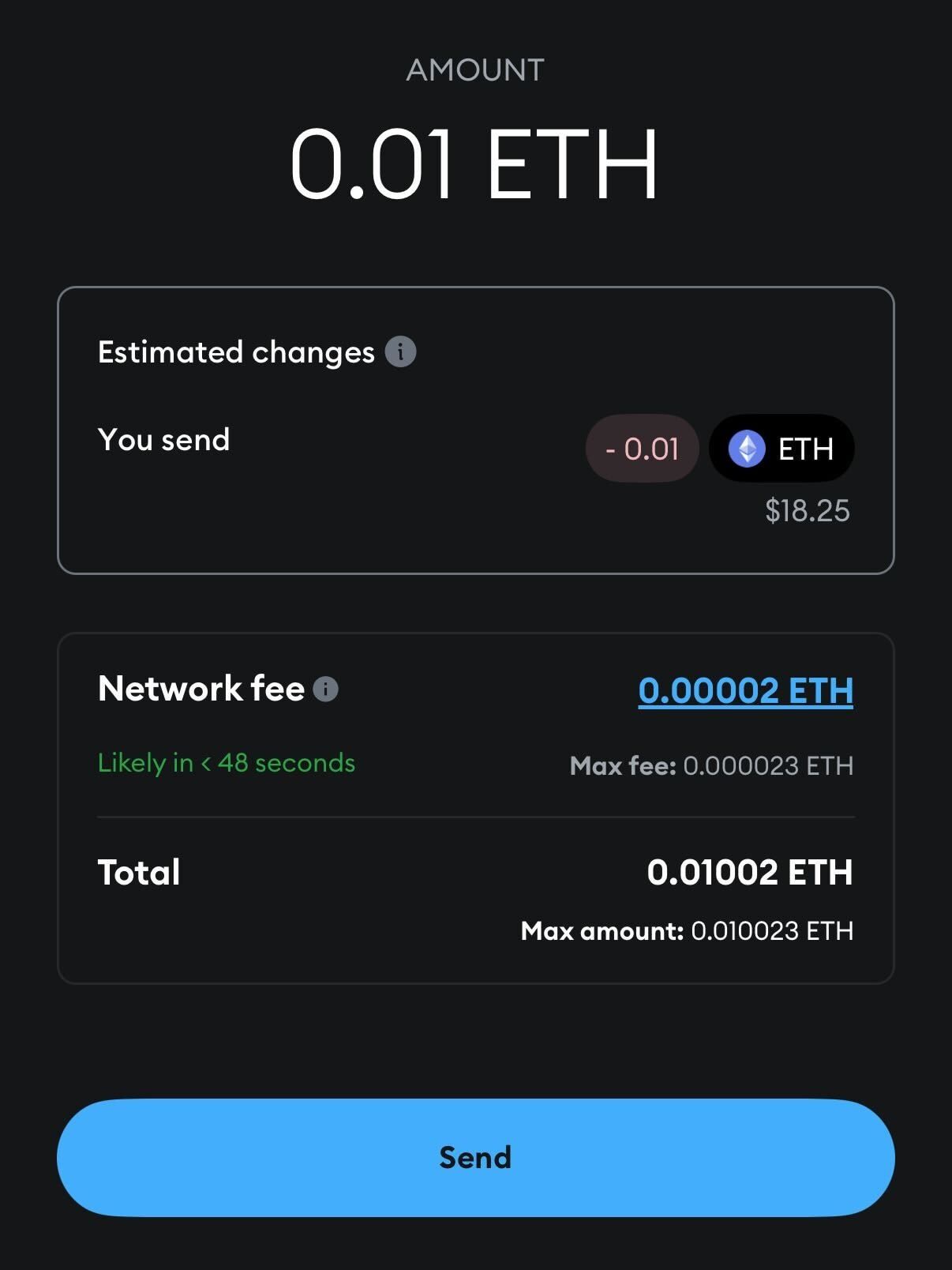 A screenshot in a MetaMask wallet showing estimated gas prices