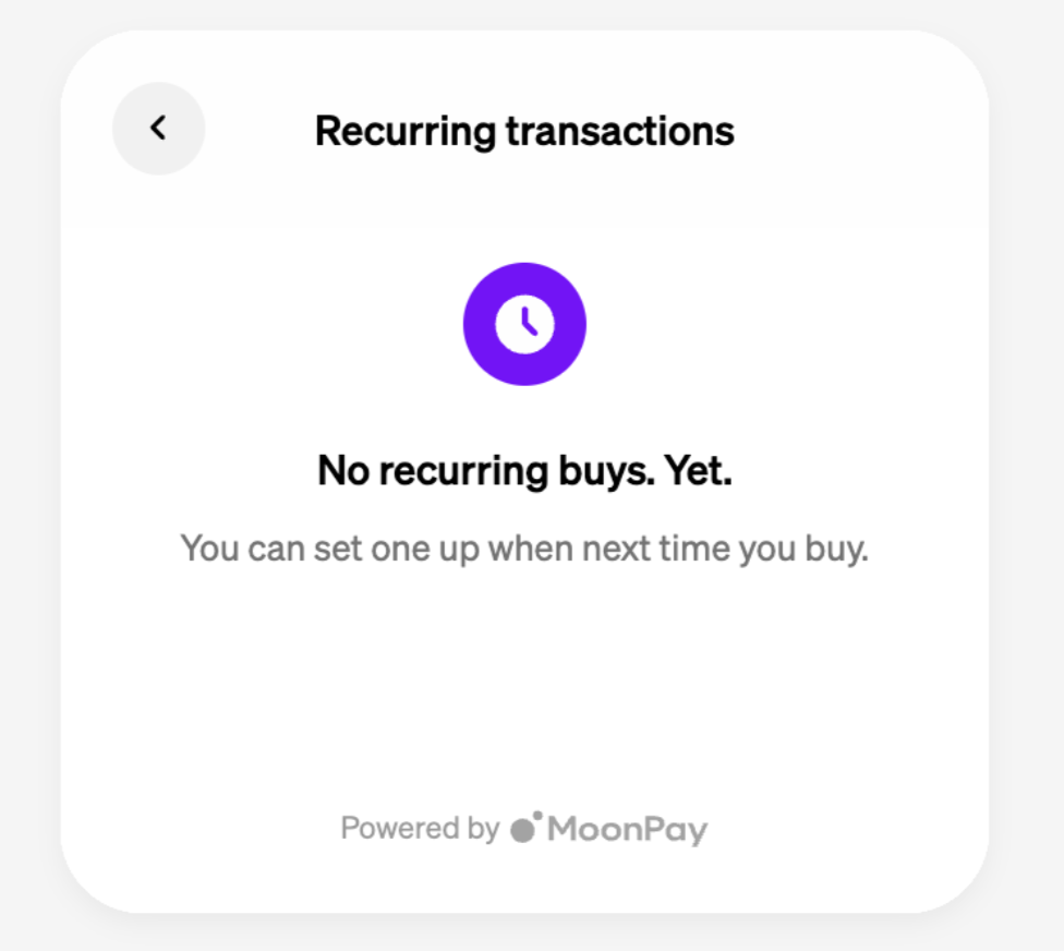 A screenshot showing the MoonPay app before making a first purchase via recurring buys.