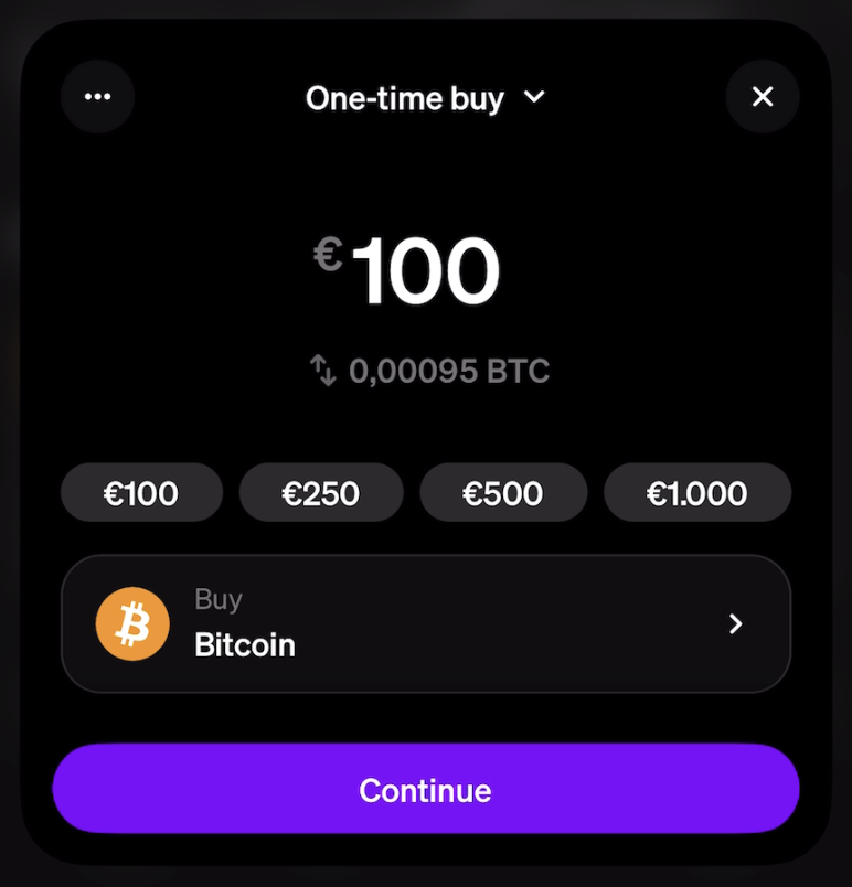 A screenshot of the MoonPay app buy BTC screen.