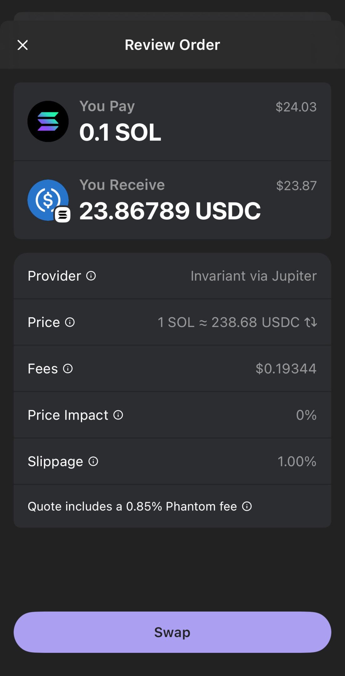 A screenshot to review a USDC/SOL swap order