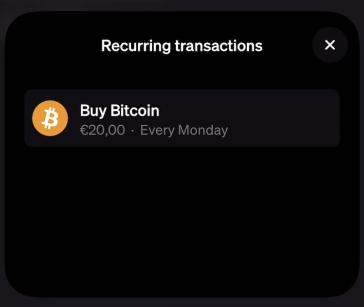 A screenshot of an active recurring buy order for BTC on MoonPay.