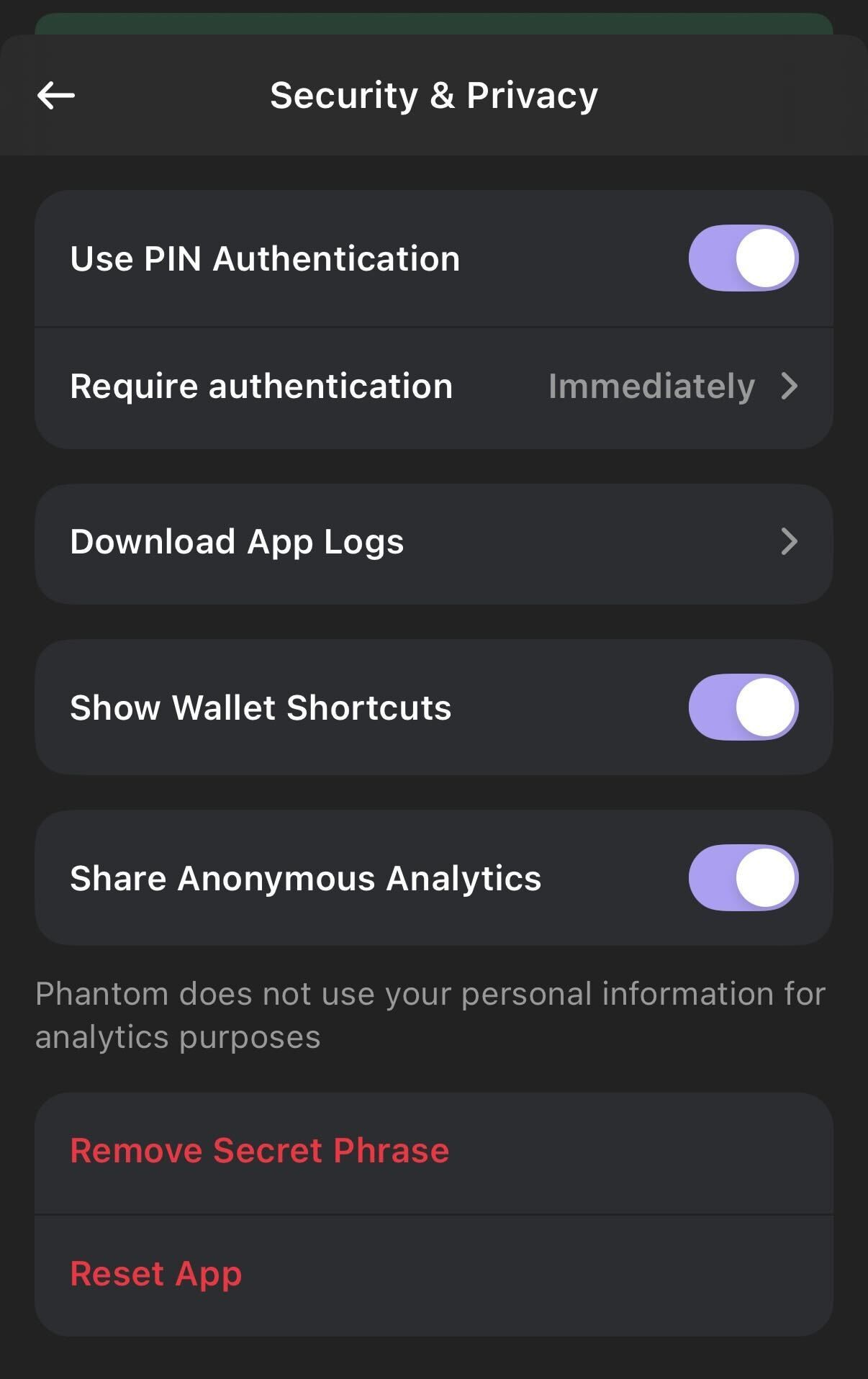 A screenshot of Phantom's security options