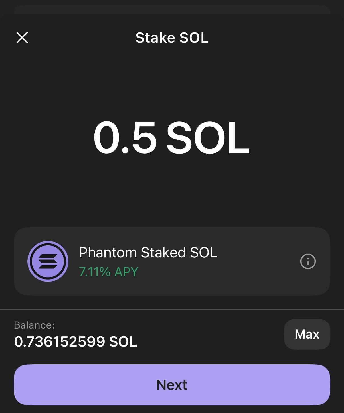 A screenshot in Phantom to stake SOL