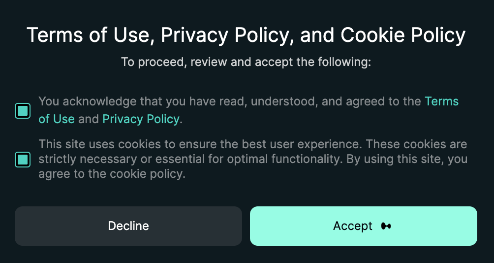 A screenshot of the Hyperliquid terms of use, privacy policy, and cookie policy