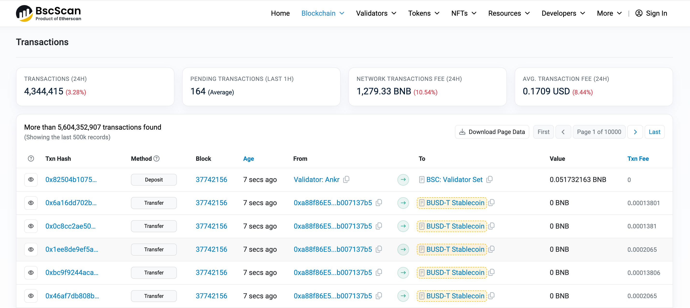 A screenshot of the BscScan Transaction landing page