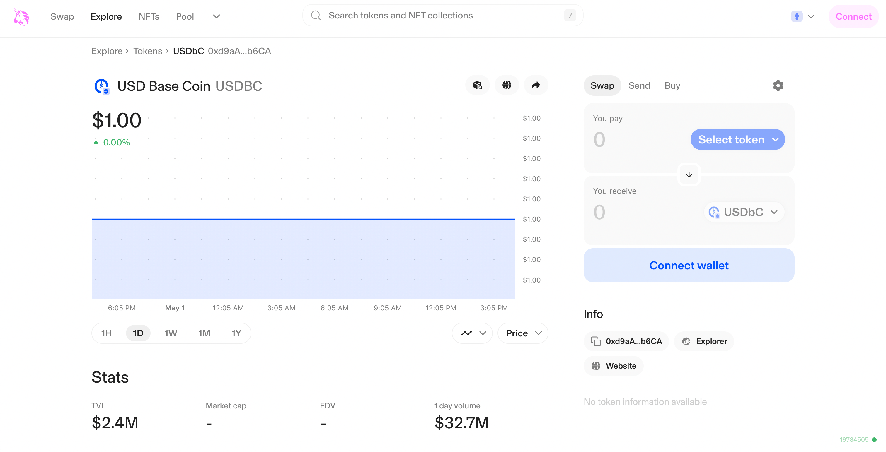 A screenshot of the Uniswap DEX landing page for USD Base Coin (USDbC)