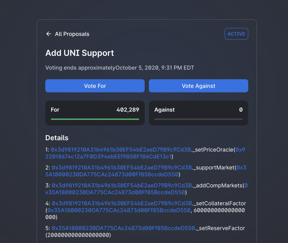 A screenshot of a Uniswap protocol governance proposal.