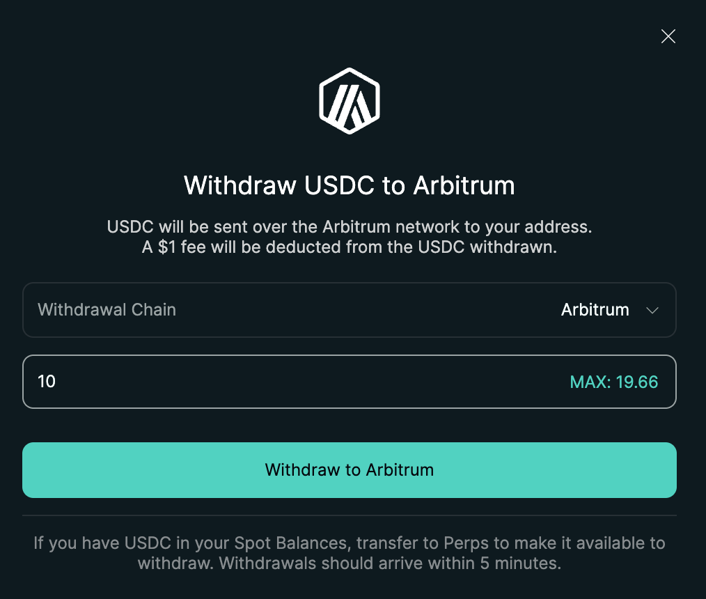 A screenshot to withdraw from Hyperliquid
