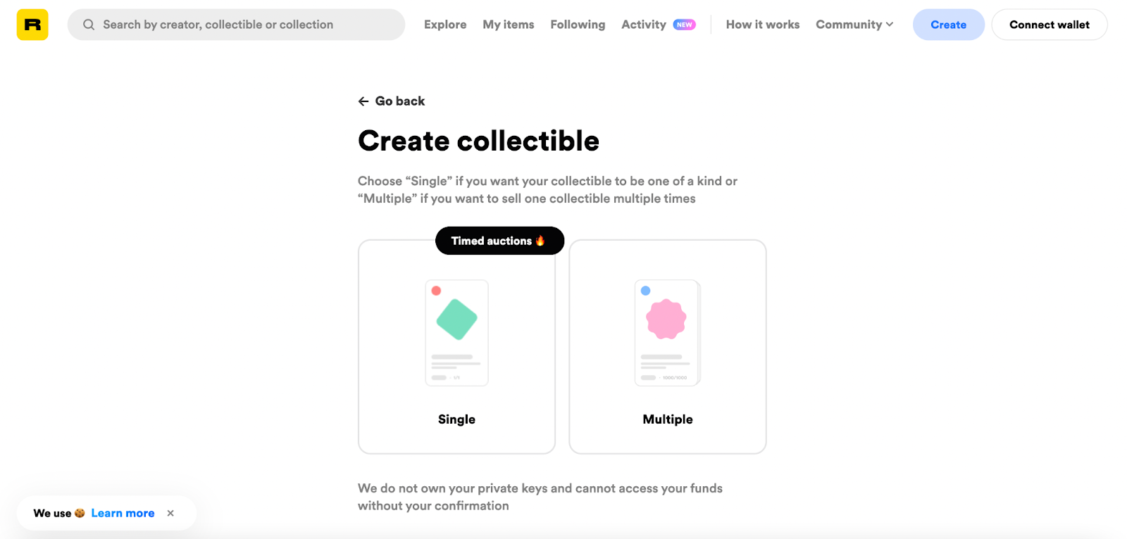 Screenshot of starting a collection on Rarible, with the choice to start as a single item or a collection.