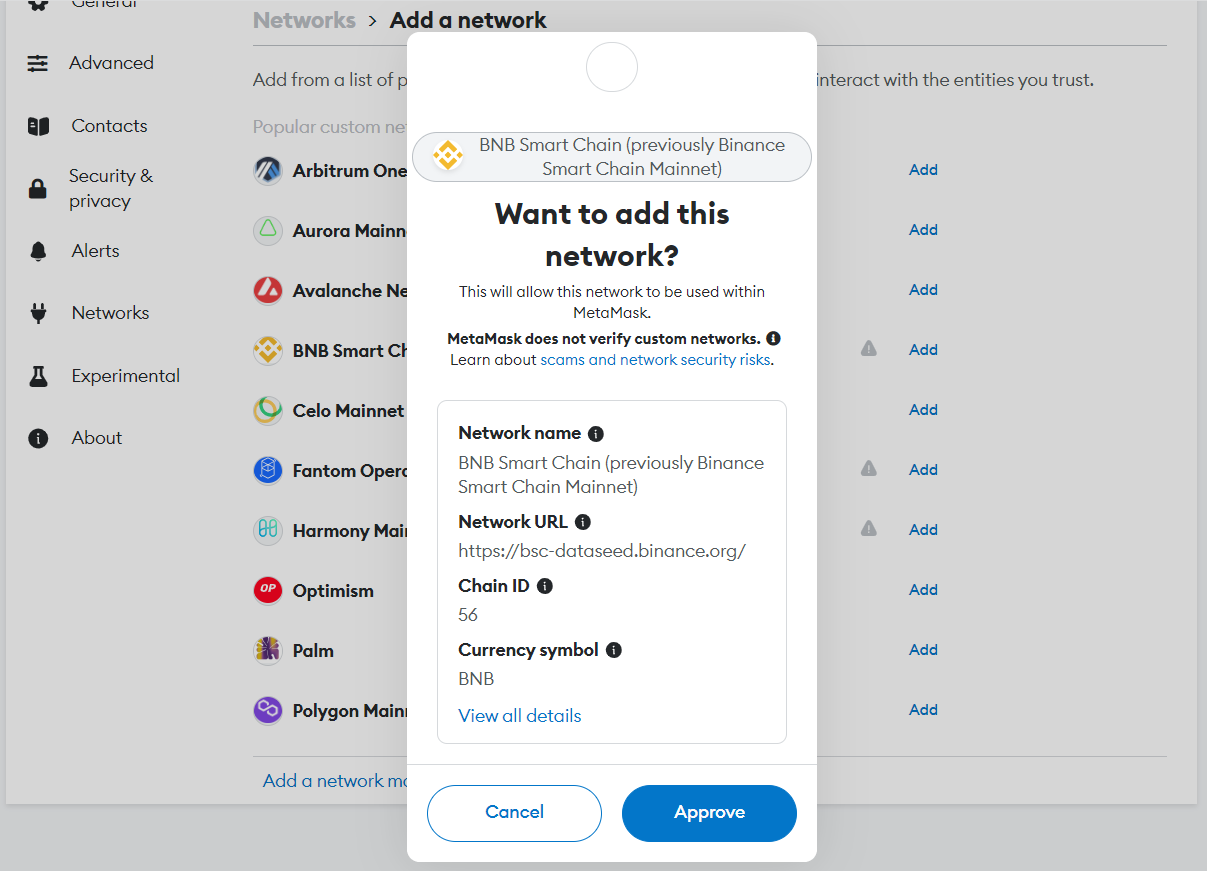 A MetaMask pop-up screen asking to confirm connecting MetaMask to Binance Smart Chain, as well as details like network name, BNB block explorer URL, RPC URL, chain ID, and currency symbol.